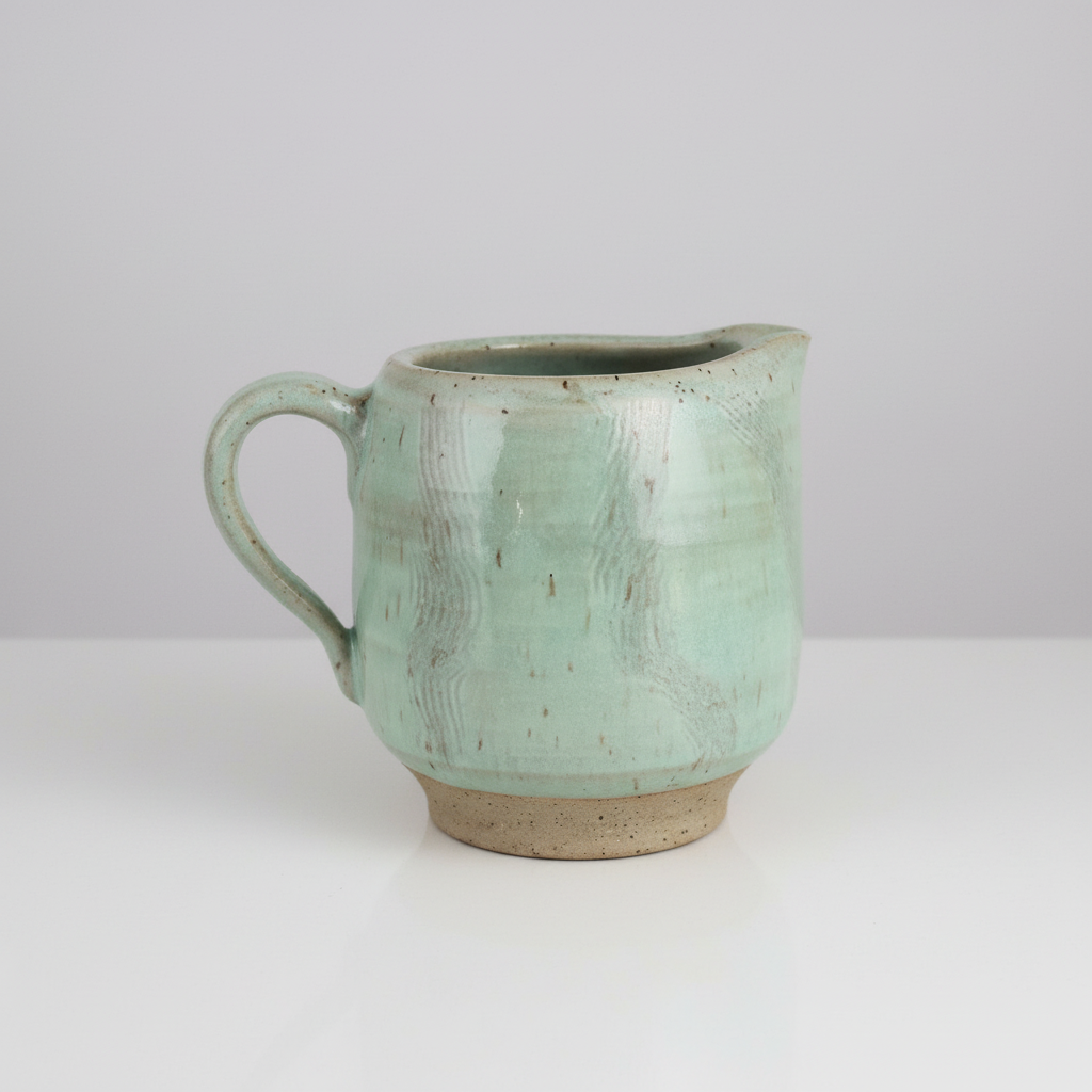 Side angle view of ceramic pitcher