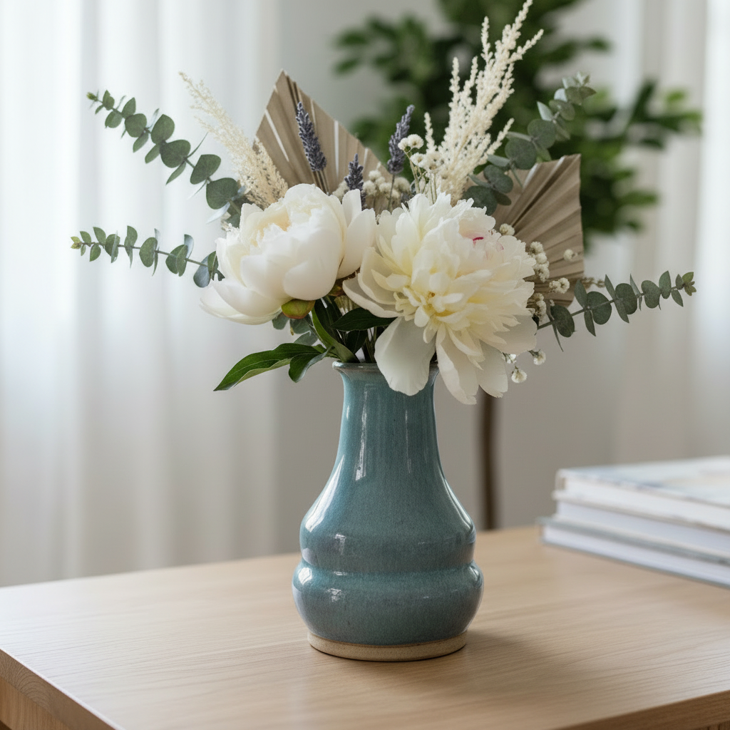 Teal Ceramic Vase – White Flowers